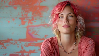 a woman with pink hair is leaning against a wall