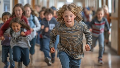 a group of children are running down a hallway