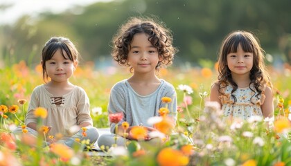 Fototapeta premium Three toddlers smiling in a field of flowers, sharing happiness in nature