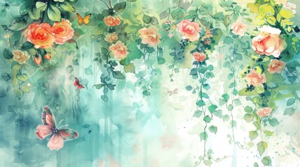 watercolor flower garden scene with cascading vines, blooming roses, and fluttering butterflies, capturing the beauty of a summer day 