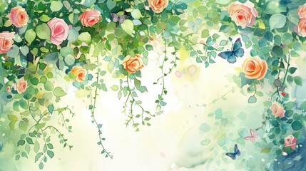 watercolor flower garden scene with cascading vines, blooming roses, and fluttering butterflies, capturing the beauty of a summer day  