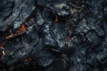 Close up of burning black charred tree bark