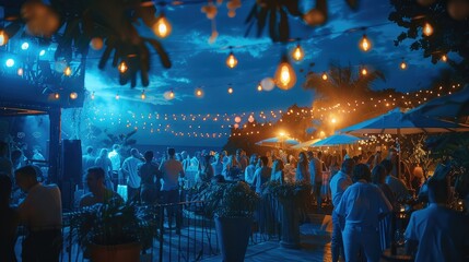 A open air blue themed party at night, the place is crowded. Generative AI.