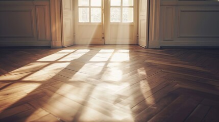 Warm sun rays casting soft shadows on a classic herringbone parquet floor in an elegant room. - obrazy, fototapety, plakaty