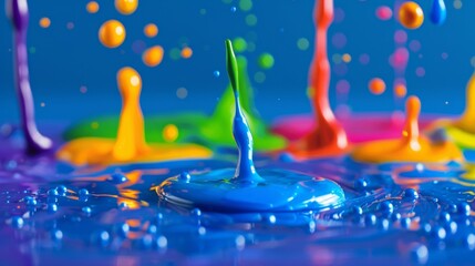 A dynamic and colorful display of paint splashes with a vivid blue backdrop.