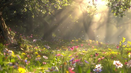 Magical forest scene with sun rays filtering through trees onto a vibrant meadow of wildflowers.
