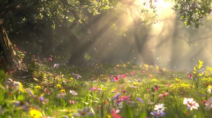 Fototapeta premium Magical forest scene with sun rays filtering through trees onto a vibrant meadow of wildflowers.