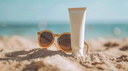 Sandy beach scene featuring essential summer items, including sunscreen and stylish sunglasses. - obrazy, fototapety, plakaty