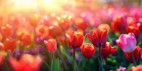 Fotobehang A breathtaking field of tulips under a golden sunrise, bursting with color and life. © tashechka