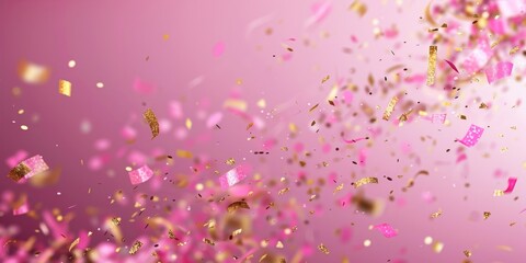Vivid pink background with flying gold and pink confetti, festive and celebratory mood. - 781843329