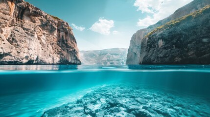 Fototapeta na wymiar Split-view shot of sunlit cliffs above and beneath Mediterranean Sea water surface.