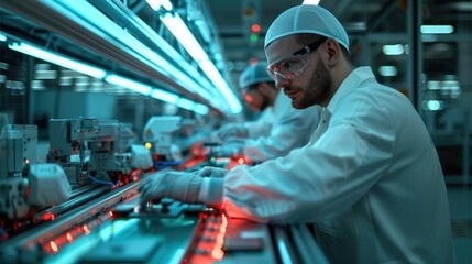 Obraz premium A male engineer with a slight smile working in a chip manufacturing plant, conveyor belt, robotic arms. Generative AI.