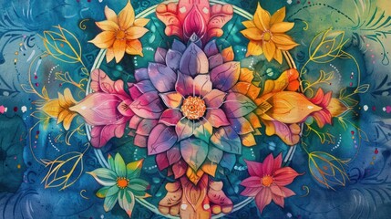 watercolor flower mandala with intricate geometric patterns and vibrant floral motifs, symbolizing harmony and balance 