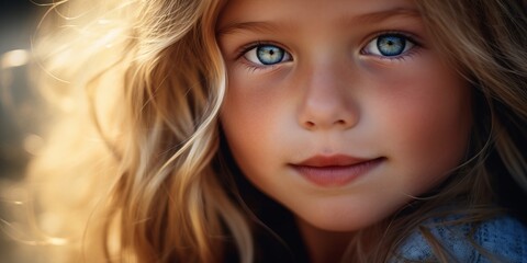 Naklejka premium Close-up portrait of a beautiful blonde girl in backlit rays