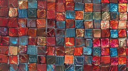 Artistic glass mosaic tiles with a vibrant red and blue textured surface arranged in a pattern.