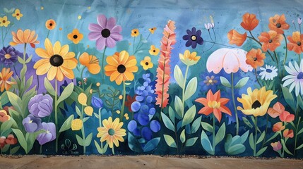 watercolor flower mural for a community garden or public space, featuring larger-than-life blooms and vibrant colors to brighten up the surroundings  