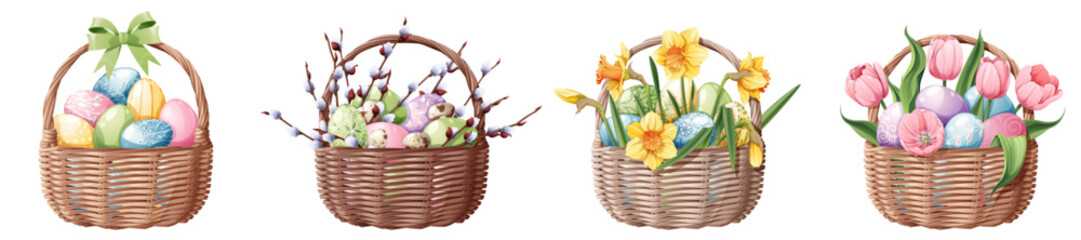 Set of baskets with Easter eggs and spring flowers on an isolated background. Vector illustration for Happy Easter. Easter clipart for decoration, design and stickers