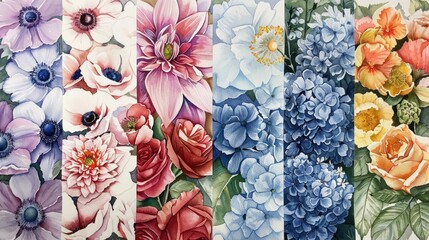 watercolor flower series inspired by the four seasons, capturing the essence of each season through its distinctive blooms and colors  