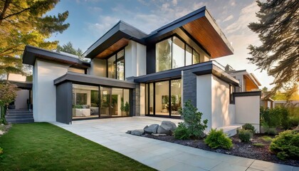 beautiful home exterior, showcasing a picturesque facade adorned with intricate architectural details modern design with clean lines, large windows, and sleek finishes. 