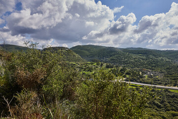Fototapeta na wymiar Peaceful Green Hills and Cloudy Blue Sky Landscape with Vibrant Colors