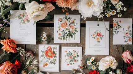 watercolor flower wedding stationery suite, including invitations, RSVP cards, and thank you notes, adorned with hand-painted floral arrangements 
