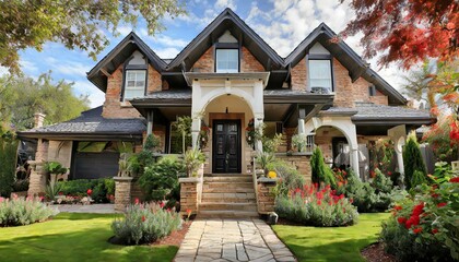 Fototapeta premium beautiful home exterior, showcasing a picturesque facade adorned with intricate architectural details modern design with clean lines, large windows, and sleek finishes. 