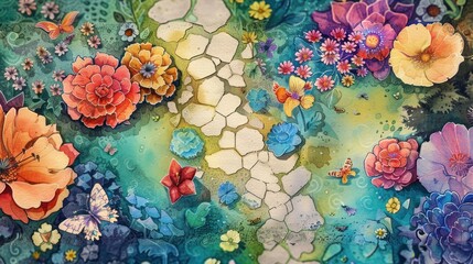 watercolor flower-themed board game where players must navigate through a whimsical garden filled with blooming flowers and friendly creatures  