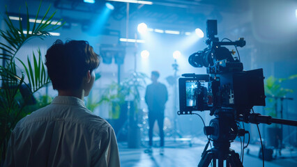 Film Director Framing Scene on Set with Blue Lighting