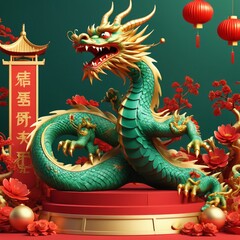 chinese dragon statue on the roof, Dragon 3D chinese 2024 year gold new lunar cny podium happy background red golden. Chinese dragon 3D banner china festive illustration invitation money party green 