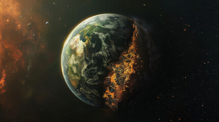 High-resolution image of a planet divided, half vibrant and alive, half darkened by environmental collapse,