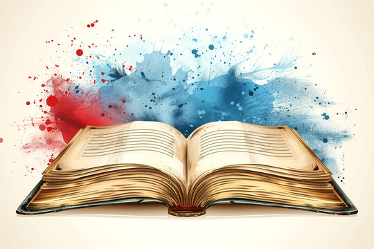 A book is open to a page with a splash of red, blue and yellow paint