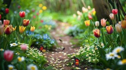 whimsical garden pathway lined with blooming tulips and daisies, where butterflies flit among the flowers, adding a touch of magic to the landscape 
