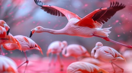 Elegant Flamingo Flock Taking Flight from a Vibrant Pink Hued Lake Painting the Sky with Their Graceful Movements