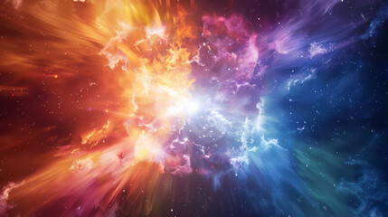 Fototapeta premium Artistic rendering of a color supernova, with radiant hues expanding from a central explosion of white light,