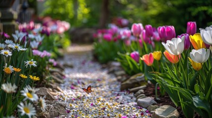 whimsical garden pathway lined with blooming tulips and daisies, where butterflies flit among the flowers, adding a touch of magic to the landscape  