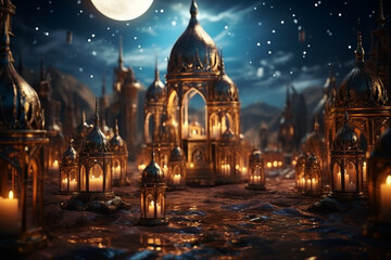 Obraz premium Banner consisting from traditional species accessories for celebration holiday Ramadan, Ai generated