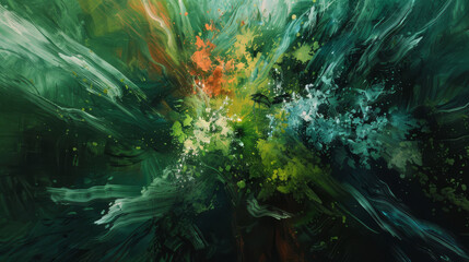 Obraz premium Artistic rendering of a paint burst capturing the essence of spring, with vibrant greens and floral hues emerging from darkness,