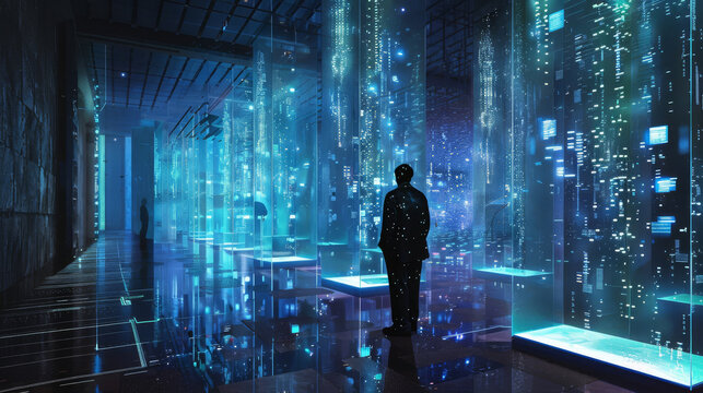 Artistic rendering of a holographic memory palace, where each room stores terabytes of data in glowing motifs,