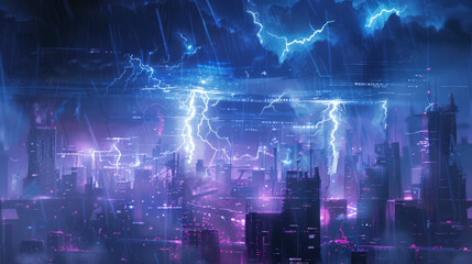 Fototapeta premium Concept art of a digital tempest, with lightning bolts of information striking down to illuminate dark networks,