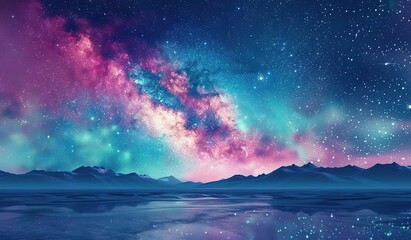 Mystical starlit sky over tranquil mountain landscape