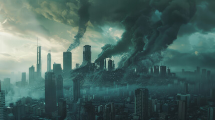 Concept art of futuristic cities trying to rise above the dark cloud of past environmental mistakes,