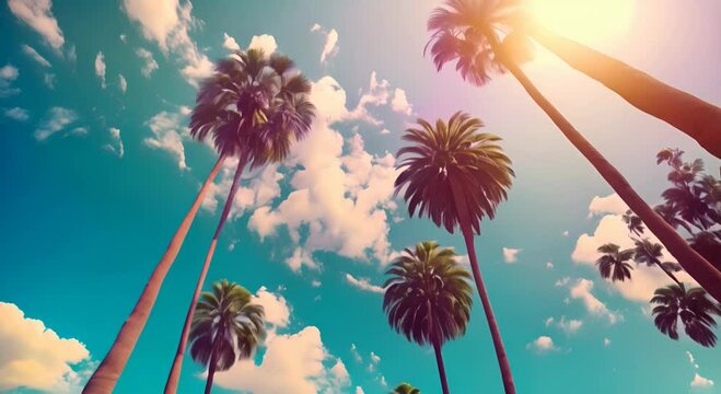 Los Angeles Palm. Los Angeles palm trees on sunny sky background, low angle shot. Vintage tone: palm tree, los angeles, california, sky, sunshine, america, avenue, beverly hills,