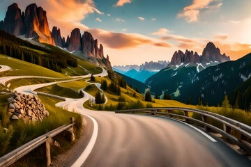 Mountain road at colorful sunset in summer. Dolomites, Italy. Beautiful curved roadway, rocks, stones, blue sky with clouds. Landscape with empty highway through the mountain pass in spring - obrazy, fototapety, plakaty