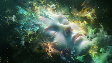 Conceptual image of an AI dreaming, with abstract visions materializing in the form of glowing data clouds,