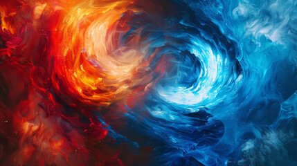 Conceptual depiction of a clash between hot and cold colors, with blues and reds swirling in a dynamic duel,
