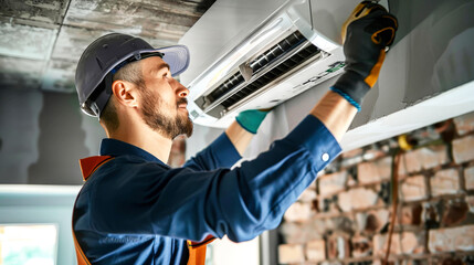 A man in a blue shirt and a mask is performing maintenance on an air conditioner unit
