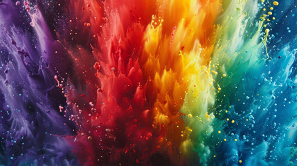 Dynamic background of a color eruption, with paint jets shooting upward and cascading down in a shower of hues, - obrazy, fototapety, plakaty