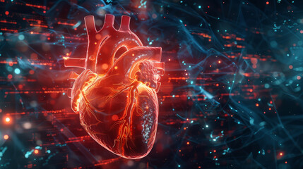 Dynamic background of a cybernetic heart, its chambers pulsating with streams of digital lifeblood,