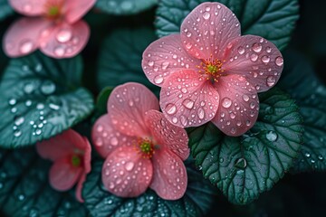 Pink flowers with water droplets, on dark green background.