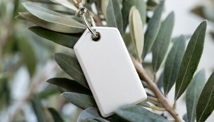 Keychain mockup among olive leaves to display design. Blank white sublimation key chain photo